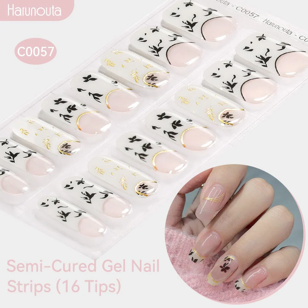 16 Tips Black Gold Leaf Semi-cured Gel Nail Wraps C0057 - Image 2