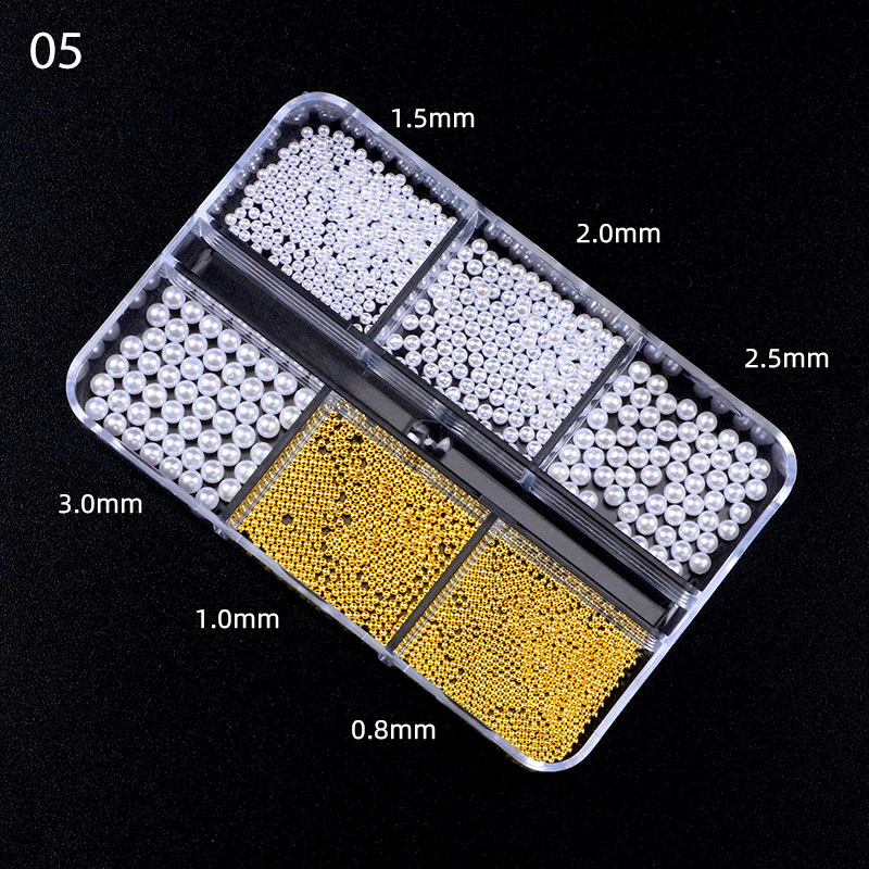 6 Grids 3D Nail Decoration White Pearls & Steel Beads - Image 2