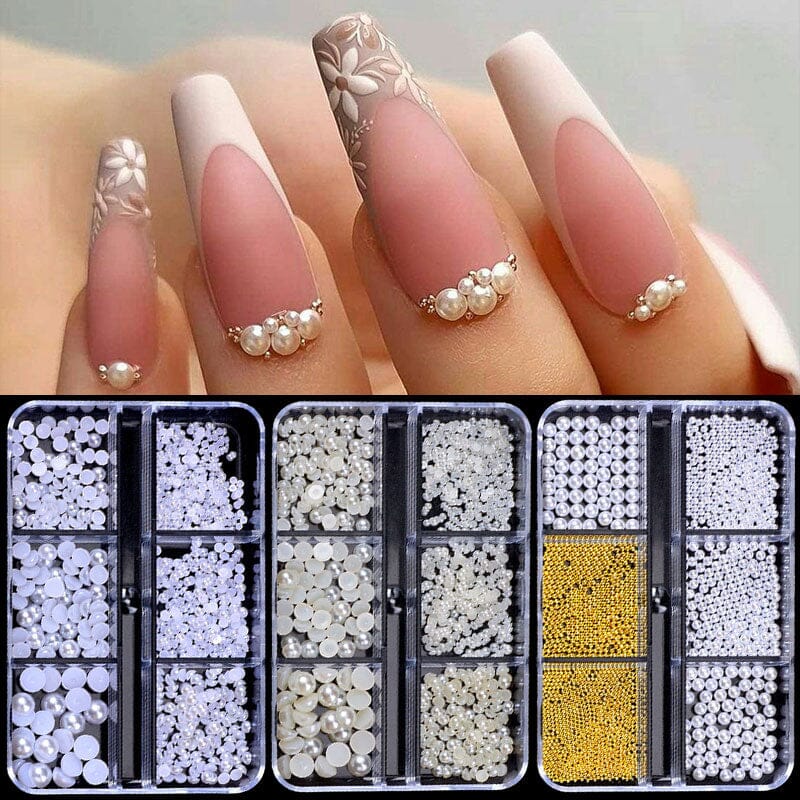 6 Grids 3D Nail Decoration White Half-Round Pearls - Image 5