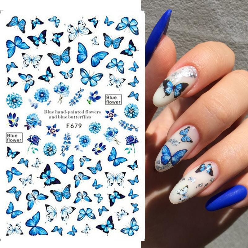 Blue Flower Butterfly Nail Sticker F679