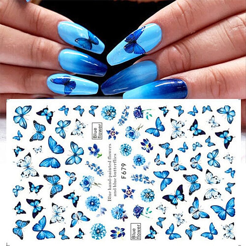 Blue Flower Butterfly Nail Sticker F679 - Image 2