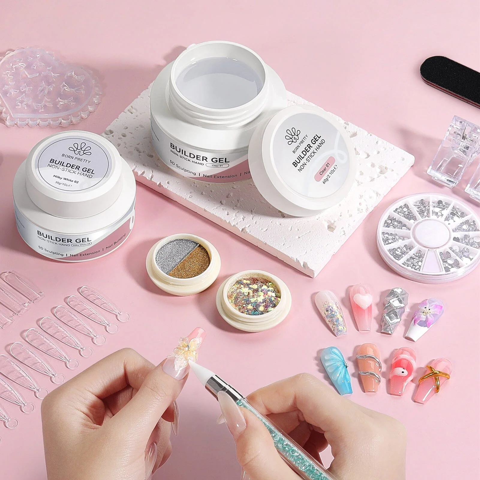 Non Stick Hand Extension Nail Kit Clear 60g Milky White 30g - Image 3