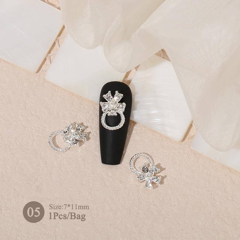 Silver Bowknot Ring Rhinestone Metal Nail Decoration #05
