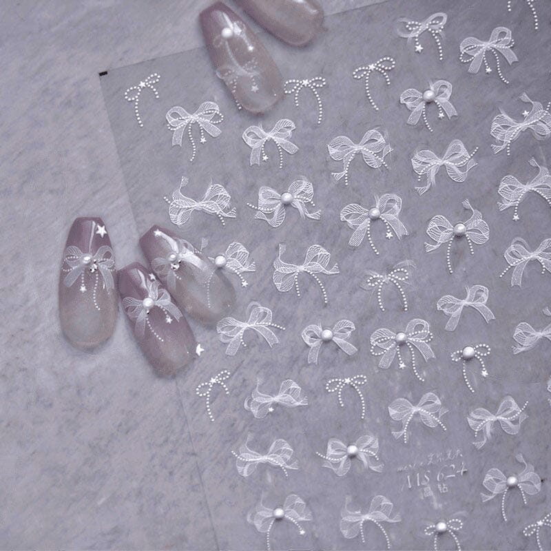 White Lace Bowknot 3D Self Adhesive Nail Stickers #02